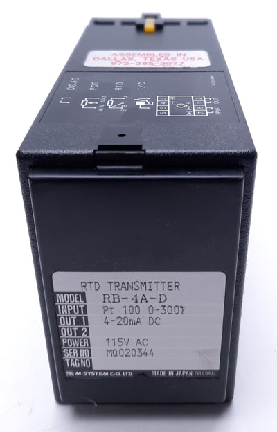 Used M-System RB-4A-D RTD Temperature Transmitter, 115 VAC, 0-300 Degrees Fahrenheit