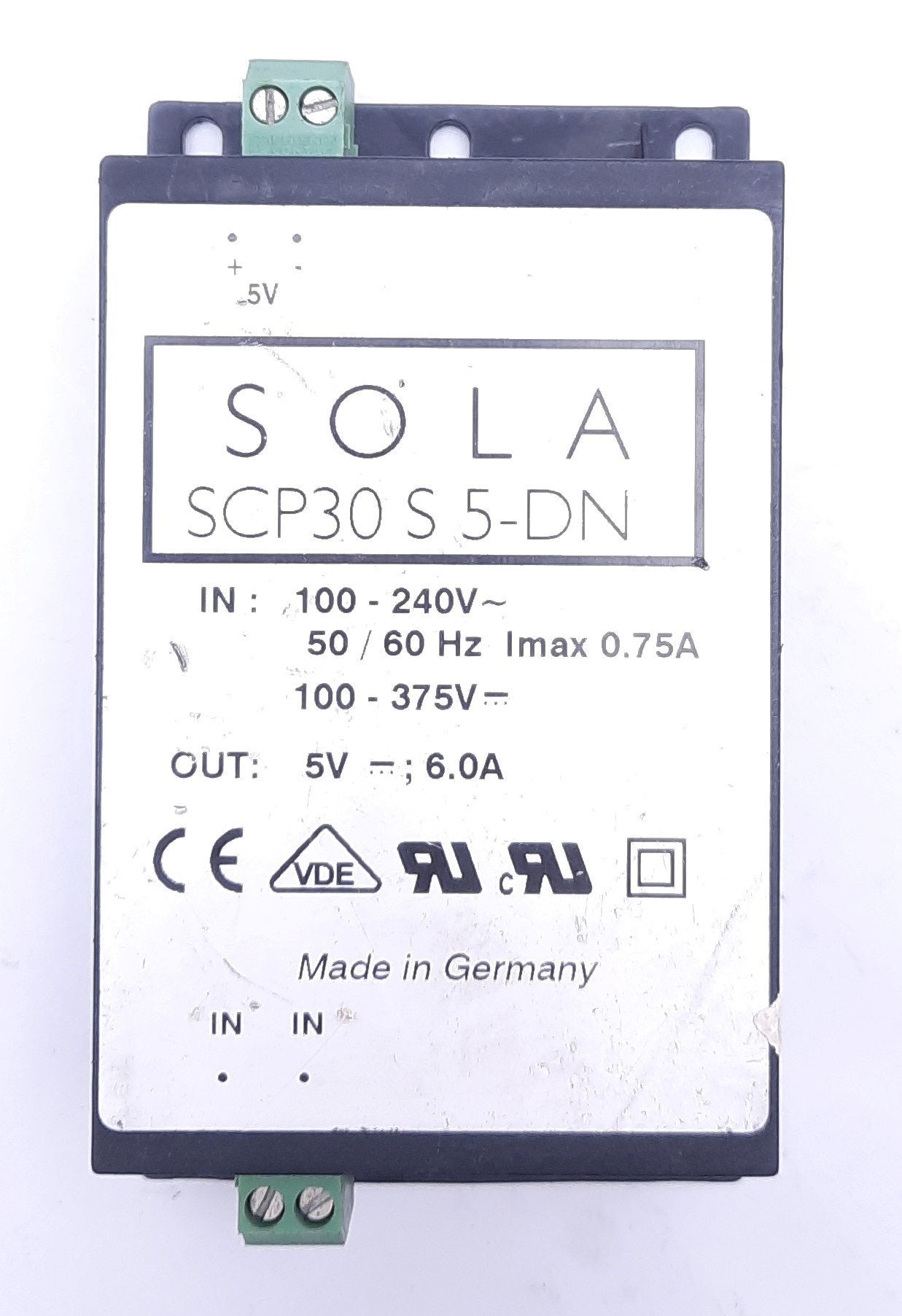 Used Sola SCP30 S 5-DN Power Supply, 100-240VAC In, 5VDC 6A Out, DIN Rail
