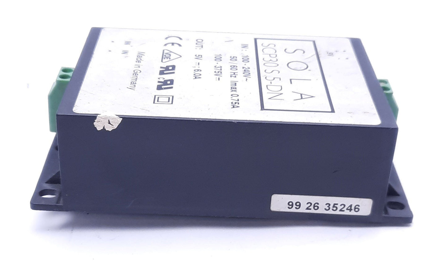 Used Sola SCP30 S 5-DN Power Supply, 100-240VAC In, 5VDC 6A Out, DIN Rail