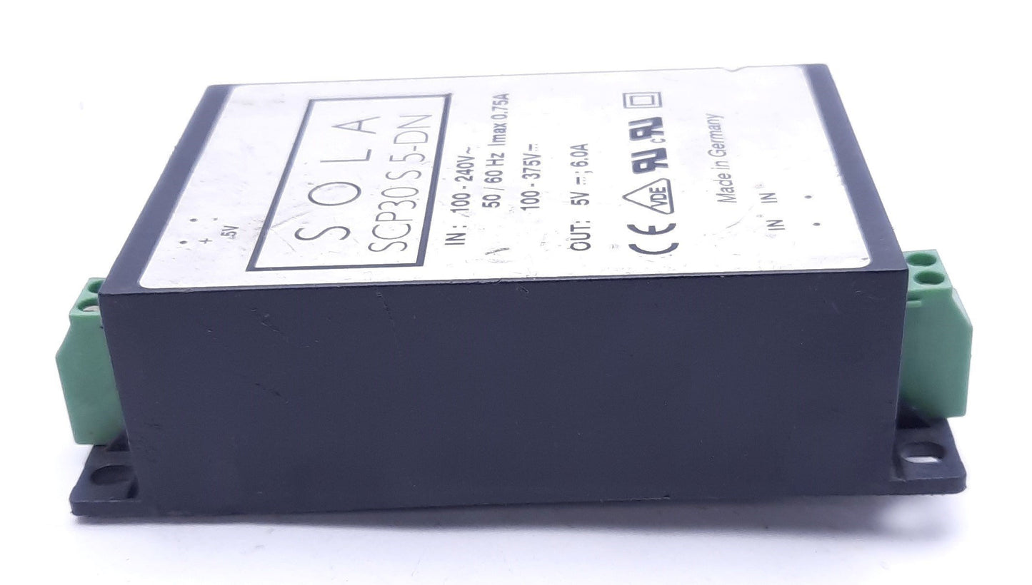 Used Sola SCP30 S 5-DN Power Supply, 100-240VAC In, 5VDC 6A Out, DIN Rail
