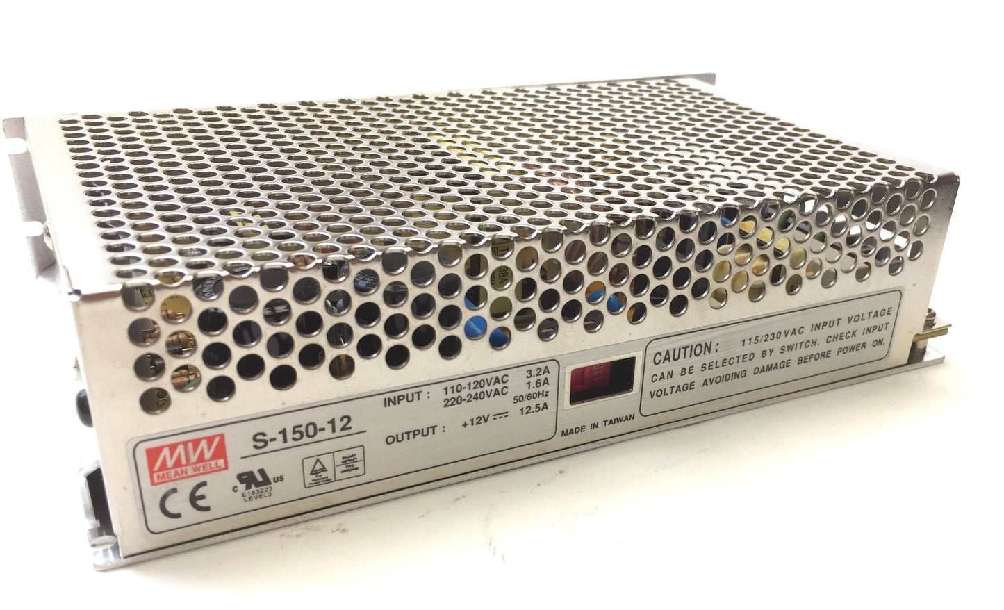 Used Mean Well S-150-12 Enclosed Power Supply In: 110-120/220-240VAC Out: 12VDC 12.5A