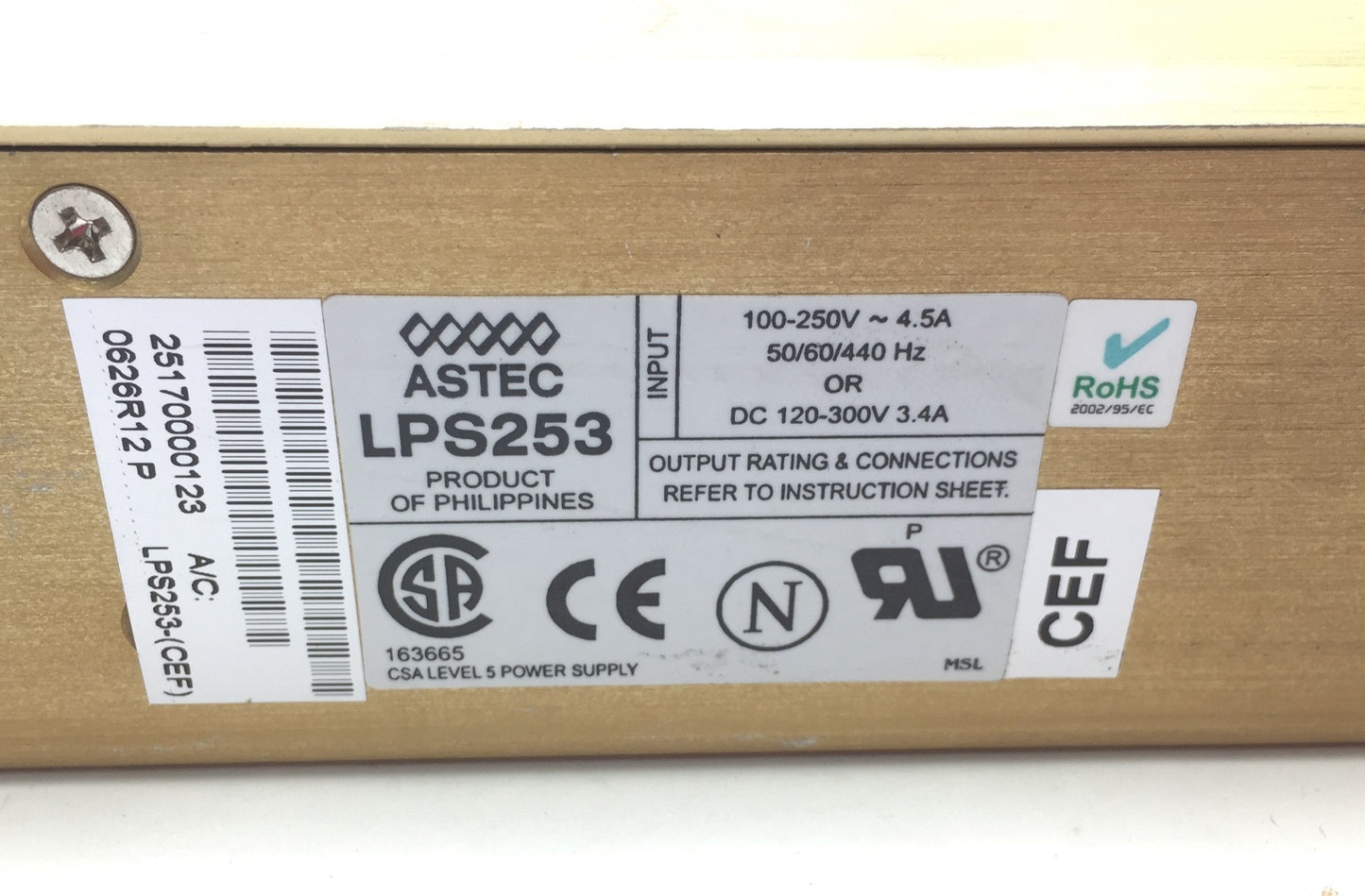Used ASTEC LPS253 Power Supply, In: 100-250VAC 4.5A, 120-350VDC 3.4A, Out: 12VDC 25A