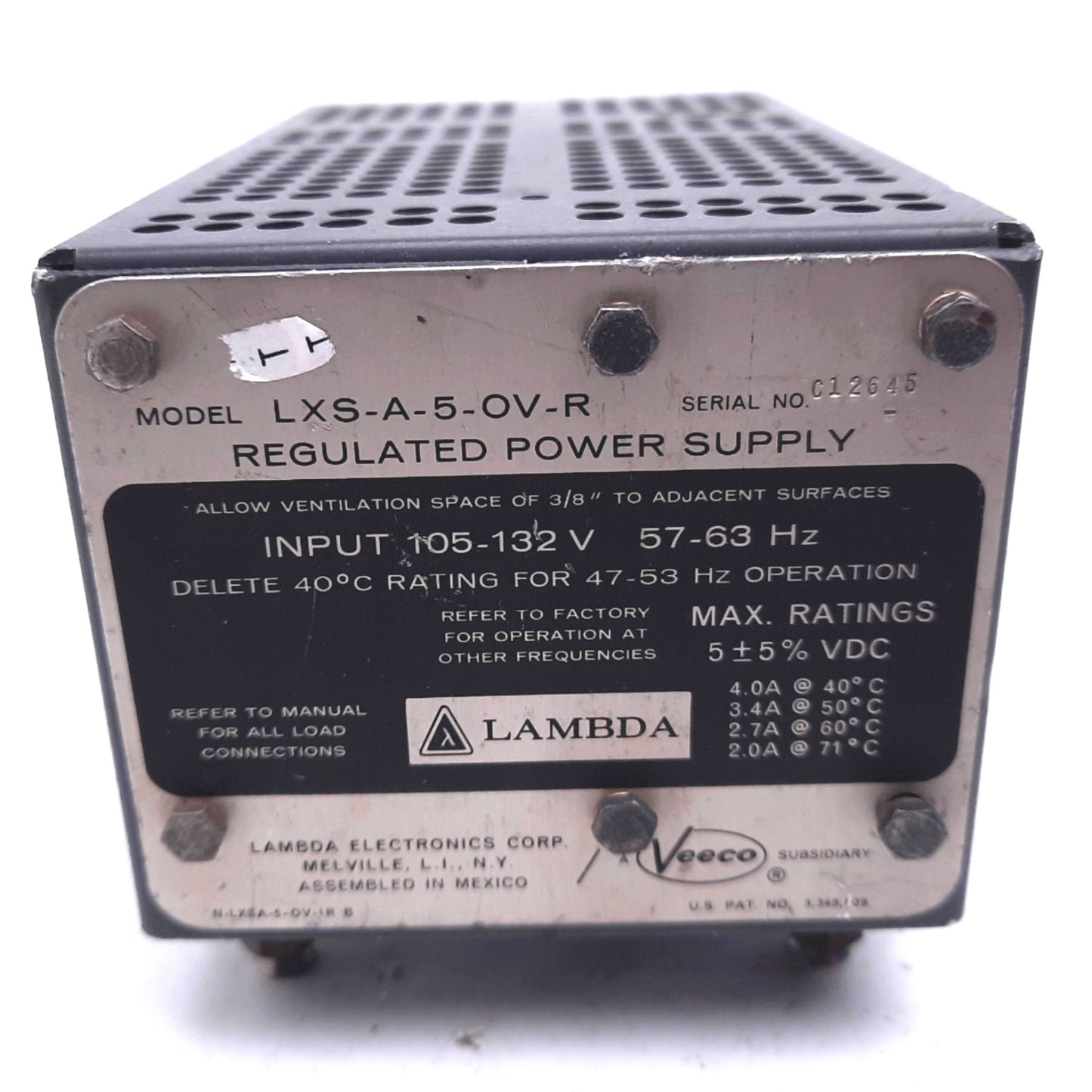 Used Lambda LXS-A-5-OV-R Regulated Power Supply, Out: 5VDC 4A In: 120VAC 60Hz