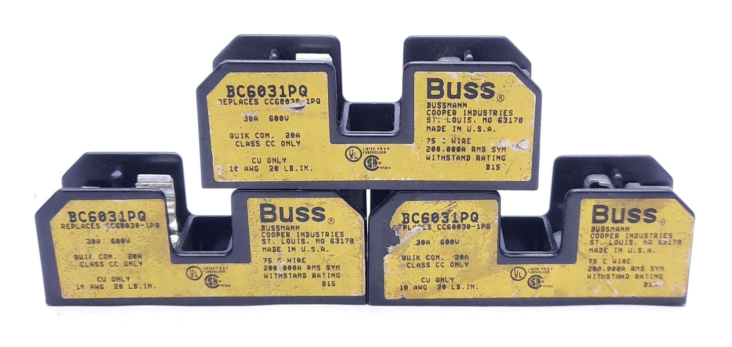 Used Lot of 3 Bussmann BC6031PQ Fuse Holders 30A 600V, Quik Connect 20A, Class CC