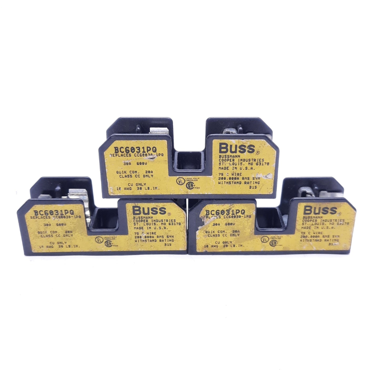 Used Lot of 3 Bussmann BC6031PQ Fuse Holders 30A 600V, Quik Connect 20A, Class CC