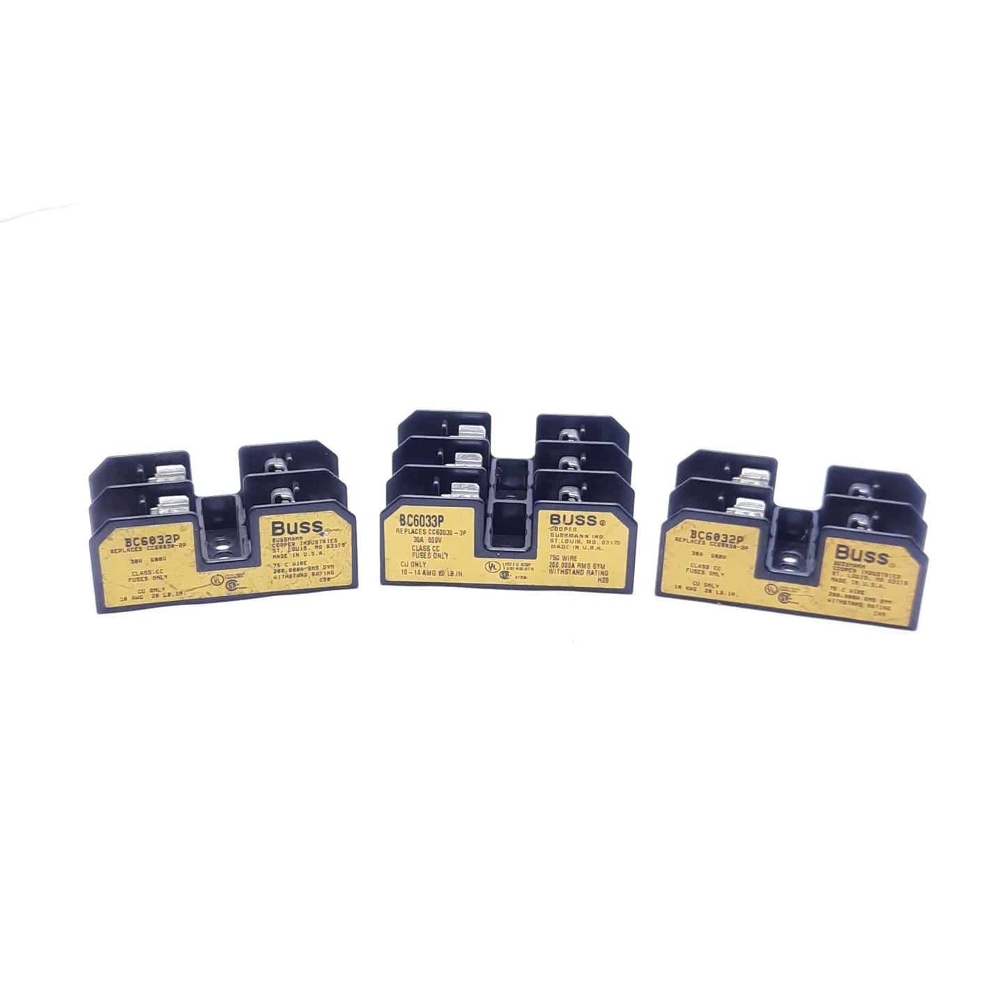 Used Lot of 3 Bussmann Fuse Holders: x2 BC6032P, x1 BC6033P, Class CC, 30A 600V