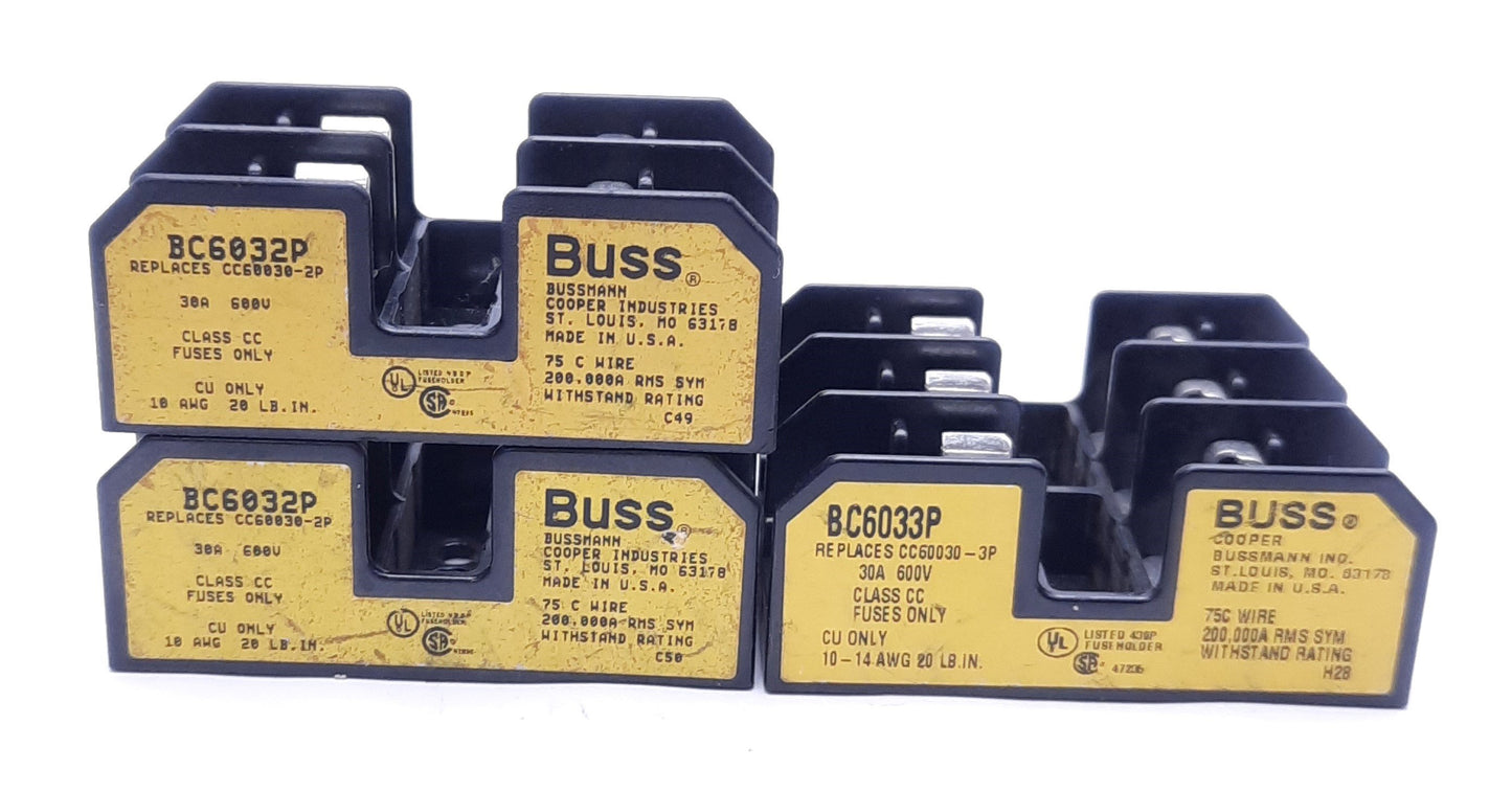 Used Lot of 3 Bussmann Fuse Holders: x2 BC6032P, x1 BC6033P, Class CC, 30A 600V