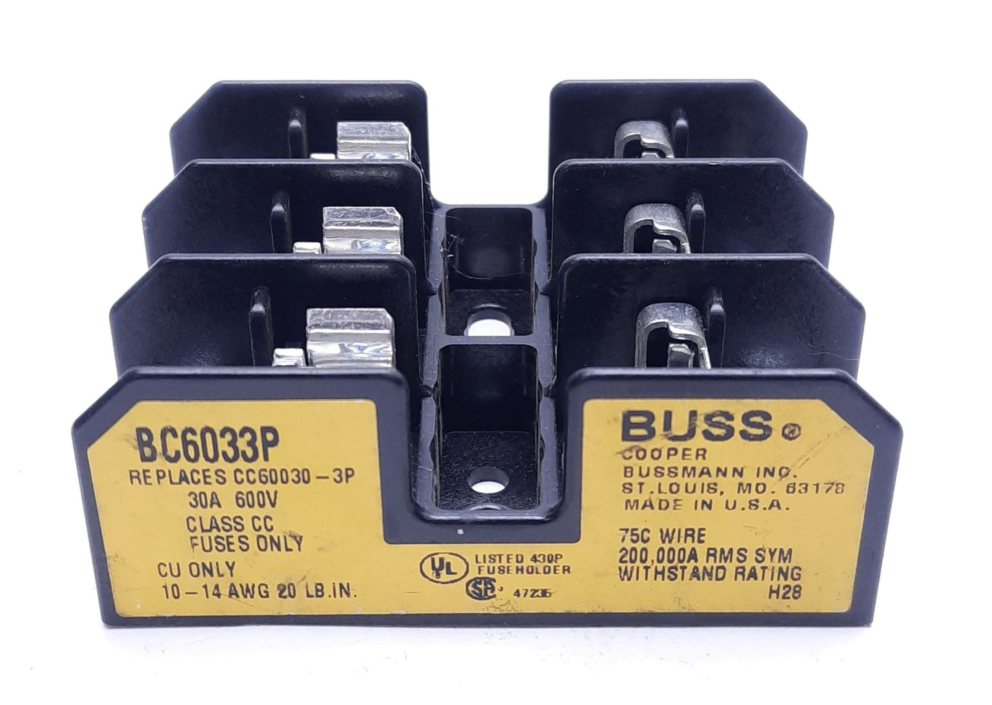 Used Lot of 3 Bussmann Fuse Holders: x2 BC6032P, x1 BC6033P, Class CC, 30A 600V