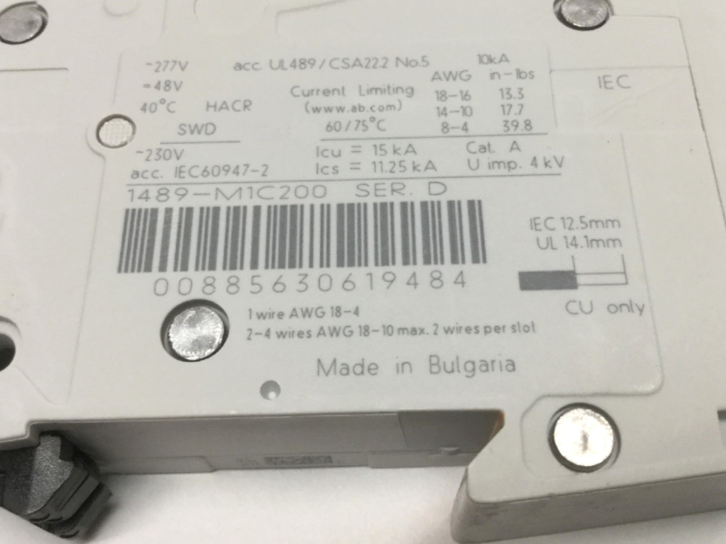 Used Allen Bradley 1489-M1C200 Miniature Circuit Breaker 1-Pole, 20A, 277VAC, C-Curve