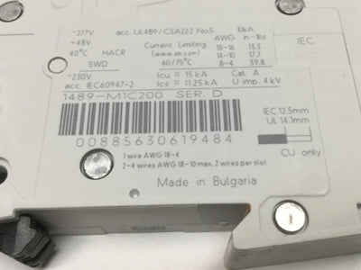 Used Allen Bradley 1489-M1C200 Miniature Circuit Breaker 1-Pole, 20A, 277VAC, C-Curve