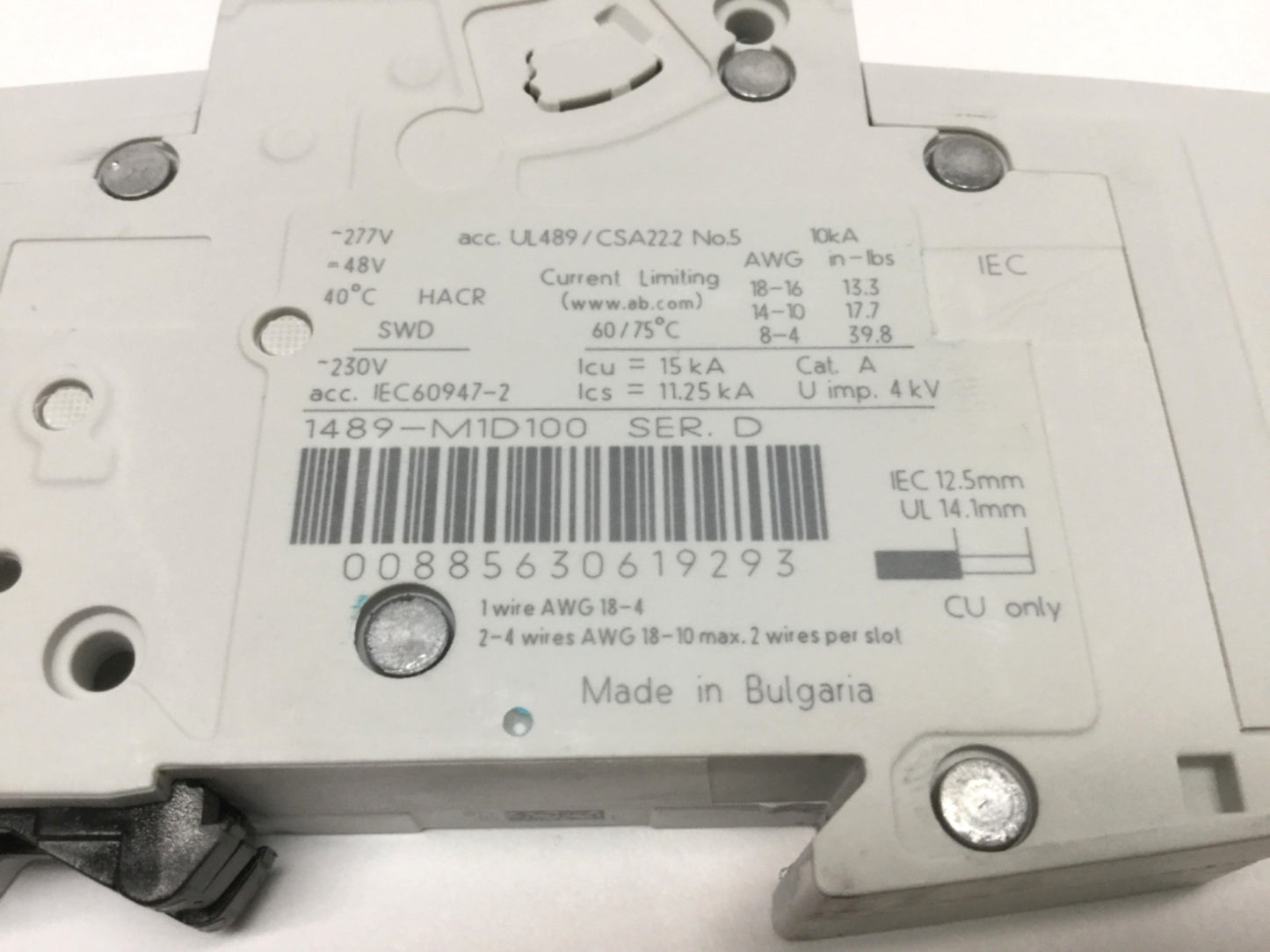 Used Allen Bradley 1489-M1D100 Miniature Circuit Breaker 1-Pole, 10A, 277VAC, D Curve