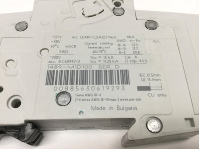 Used Allen Bradley 1489-M1D100 Miniature Circuit Breaker 1-Pole, 10A, 277VAC, D Curve