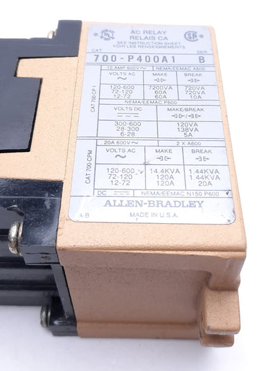 Used Allen-Bradley 700-P400A1 Series B General Purpose Relay 115-120VAC Coil Voltage