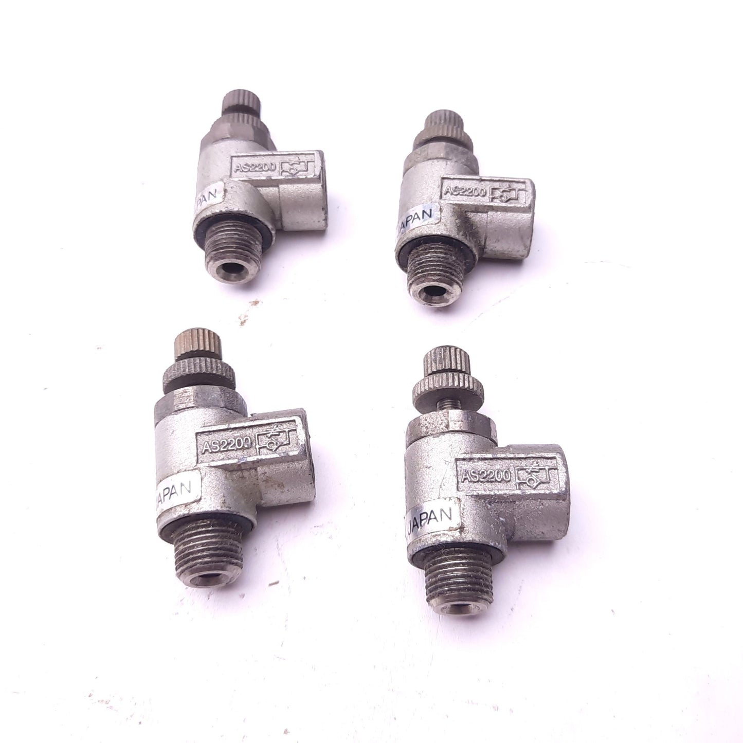 Used Lot of 4 SMC AS2200 Pneumatic Flow Speed Control Valve, Elbow, 1/8"NPT