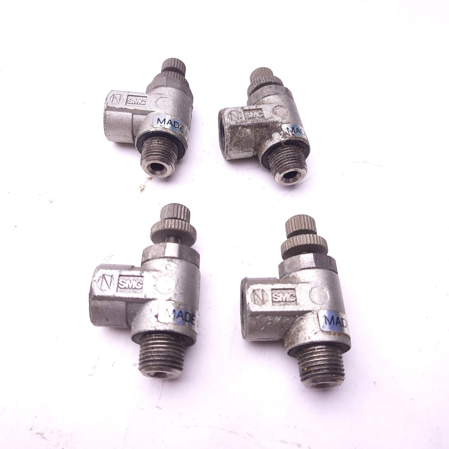 Used Lot of 4 SMC AS2200 Pneumatic Flow Speed Control Valve, Elbow, 1/8"NPT