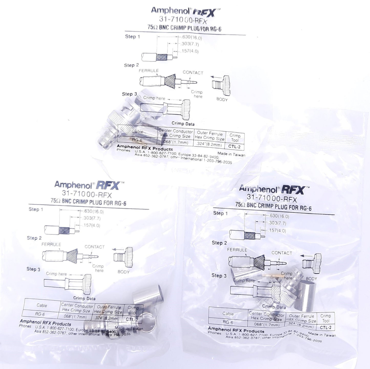 Used Lot of 3 Amphenol RFX 31-71000-RFX 75 Ohm BNC Crimp RG-6 Plugs, New (Sealed)