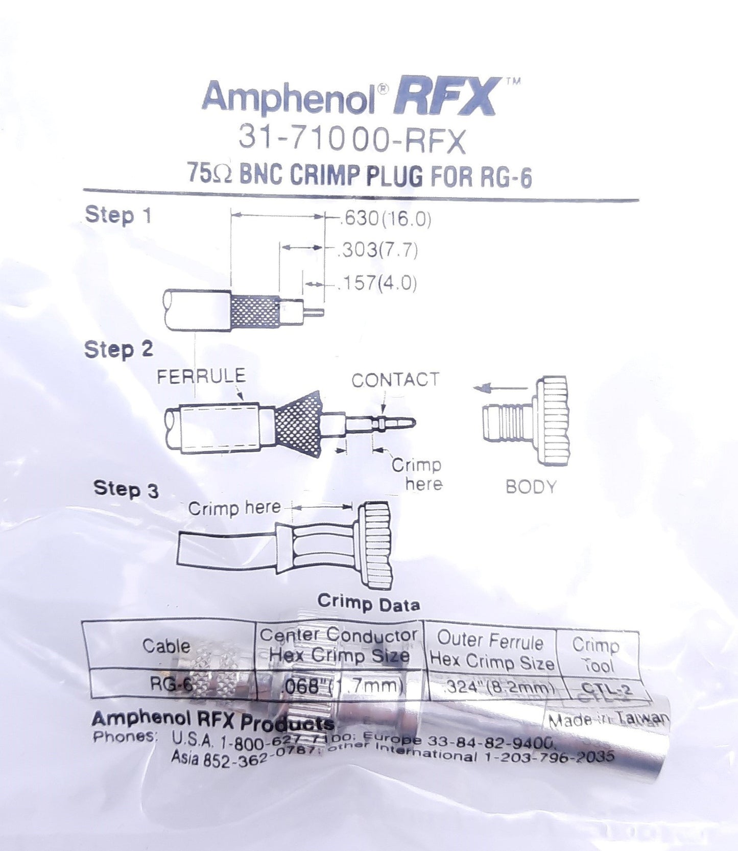 Used Lot of 3 Amphenol RFX 31-71000-RFX 75 Ohm BNC Crimp RG-6 Plugs, New (Sealed)