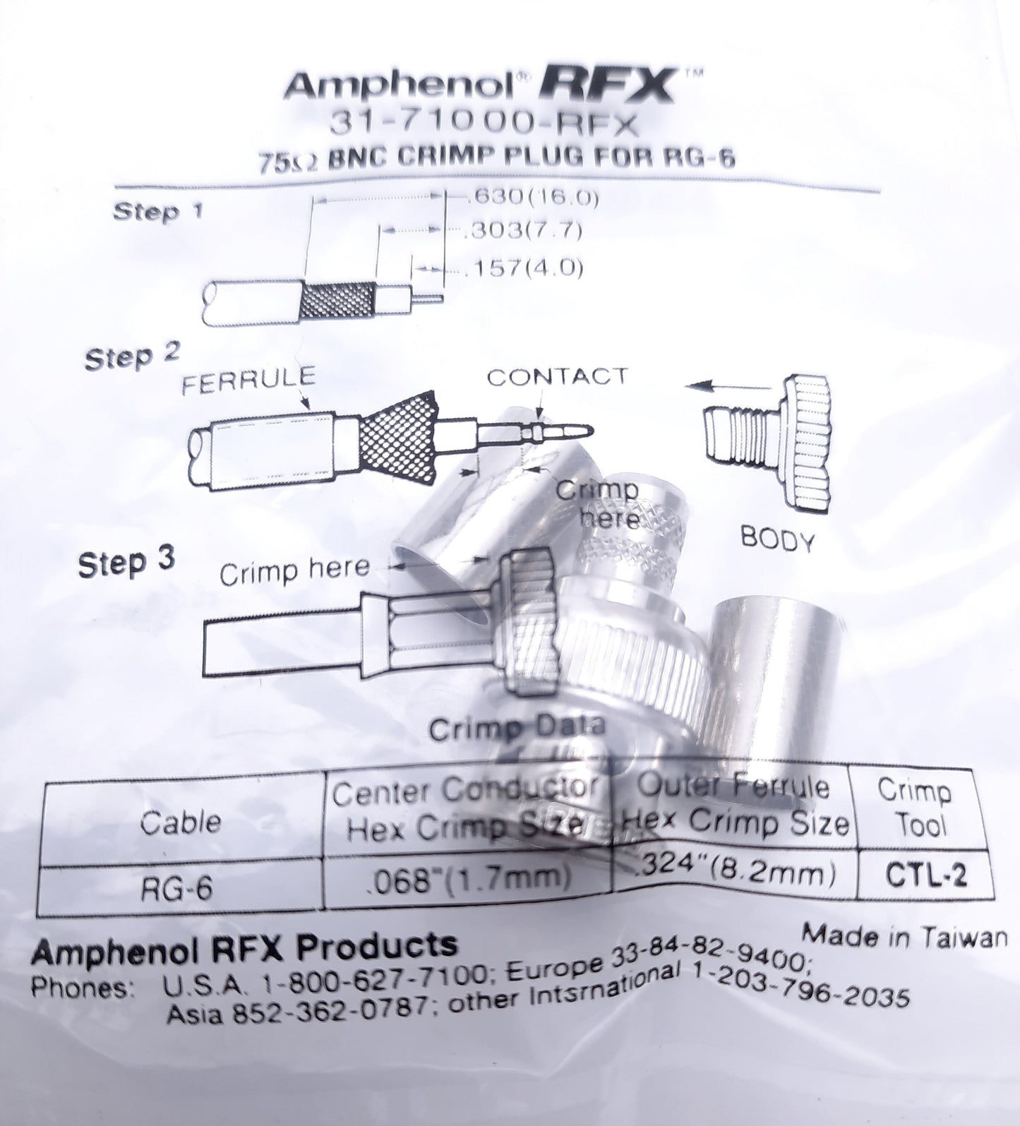 Used Lot of 3 Amphenol RFX 31-71000-RFX 75 Ohm BNC Crimp RG-6 Plugs, New (Sealed)