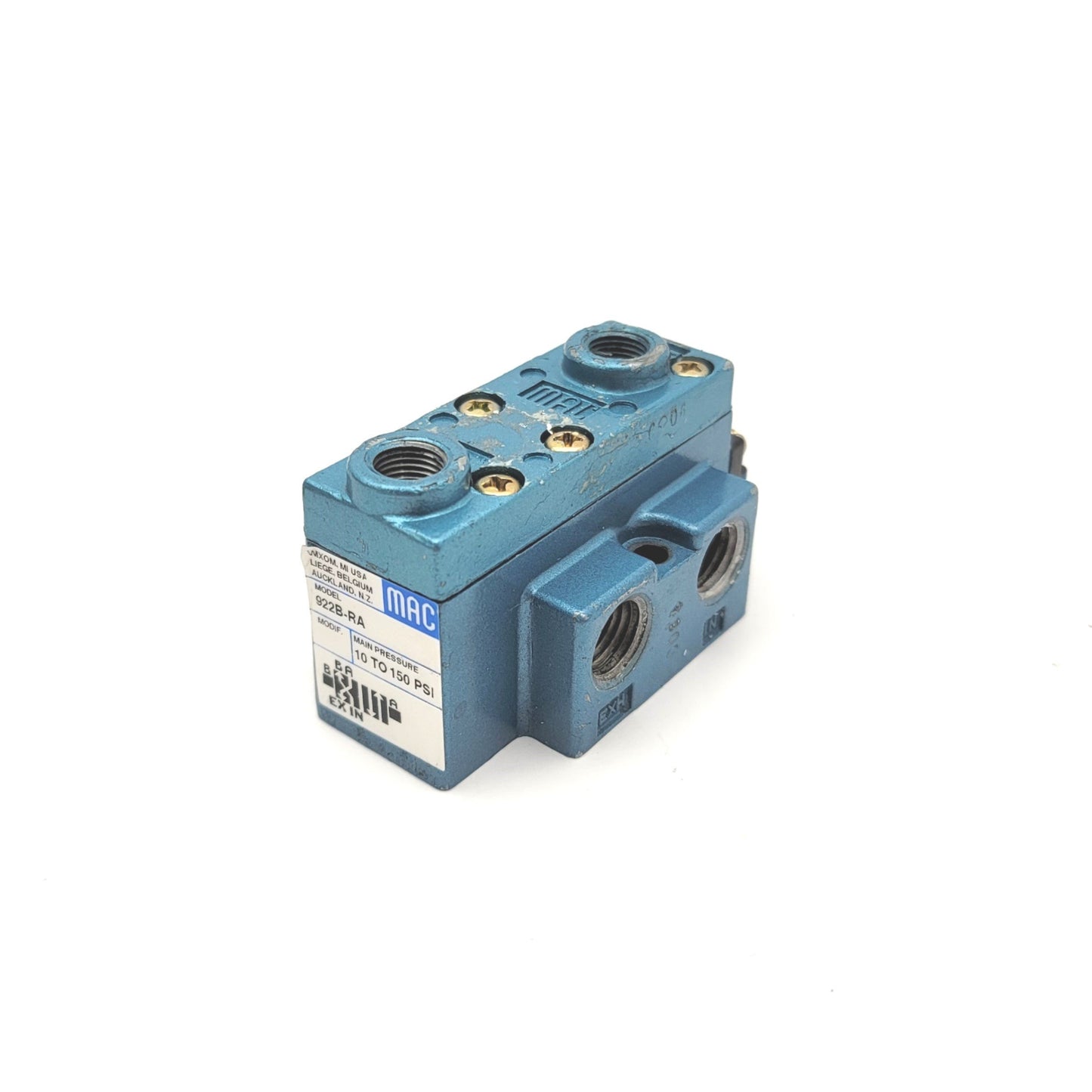Used MAC 922B-RA Air Pilot Solenoid Valve, Vac-150psi, Double Operator, 4-Way 2-Pos