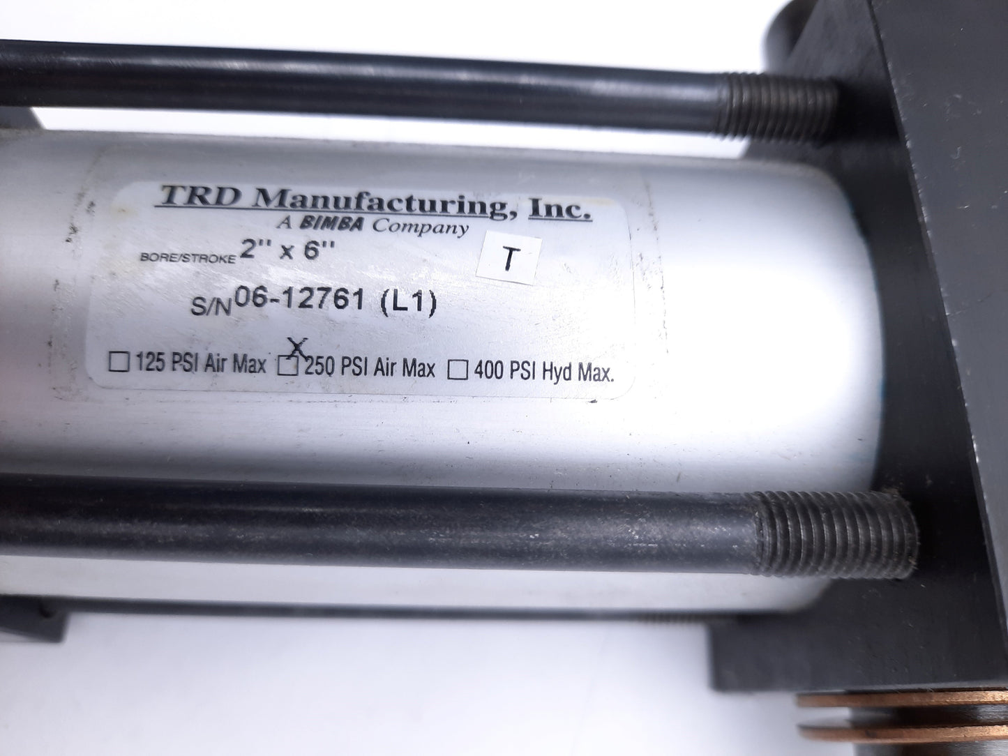Used TRD (Bimba) 06-12761 Pneumatic Cylinder, 2" x 6" Bore/Stroke, 250 PSI, 3/8" NPT