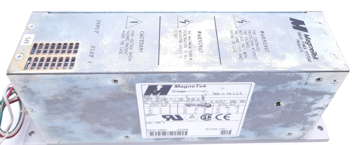 Used MagneTek MG1-1J Modular Power Supply, 95-240 VAC 18A Input, 48 VDC 13A Output