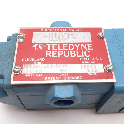 New – Open box Teledyne Republic 21110-7303-0200 Directional Control Valve, 2-Position 4-Port