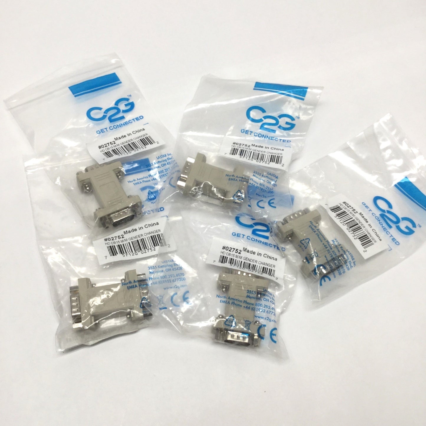 New Lot of 5 C2G 02752 HD DB15 Connector Gender Changer 15-Pin VGA Male/Male Coupler