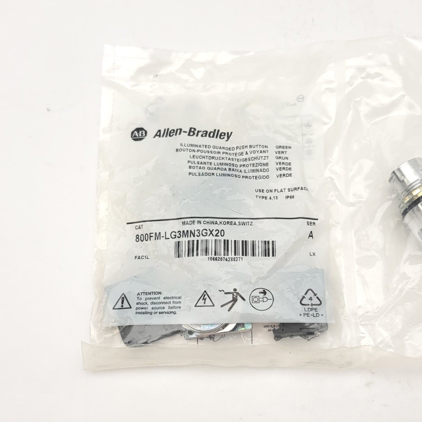 New Allen Bradley 800FM-LG3MN3GX20 Illuminated Guarded Push Button, Green, 24V