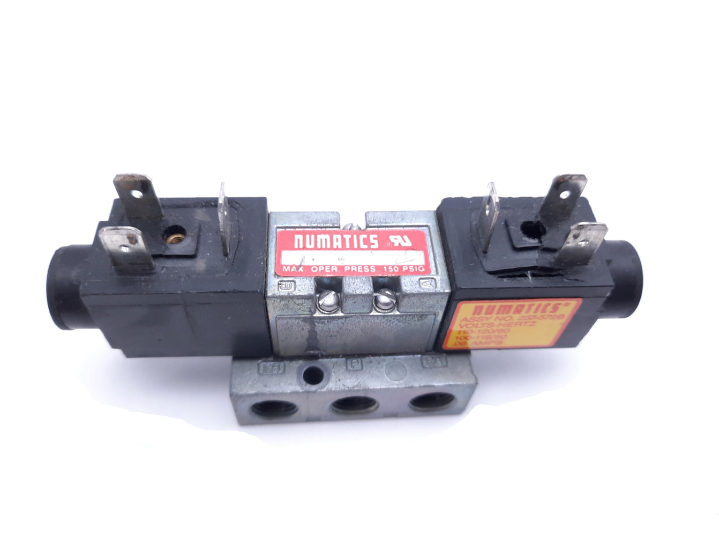 Used Numatics 031SS4002 Solenoid Valve Assembly With (2) 237-572B Solenoid Coils 120V