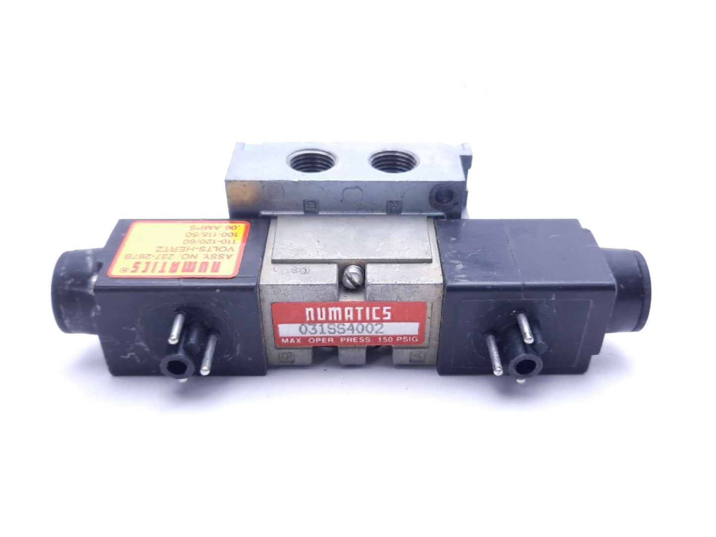 Used Numatics 031SS4002 Solenoid Valve Assembly With (2) 237-267B Solenoids 120 VAC