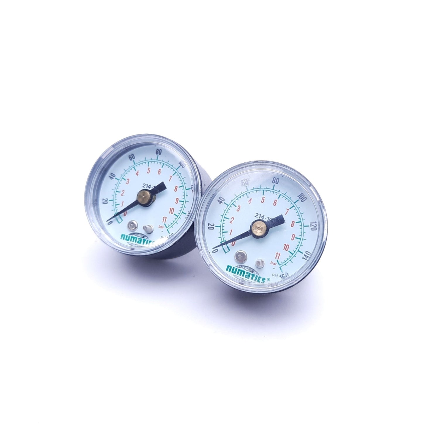 Used Lot of 2 Numatics 214-103 Pressure Gauges, 0-160 PSI, 1/8" NPT, 1.6" Diameter