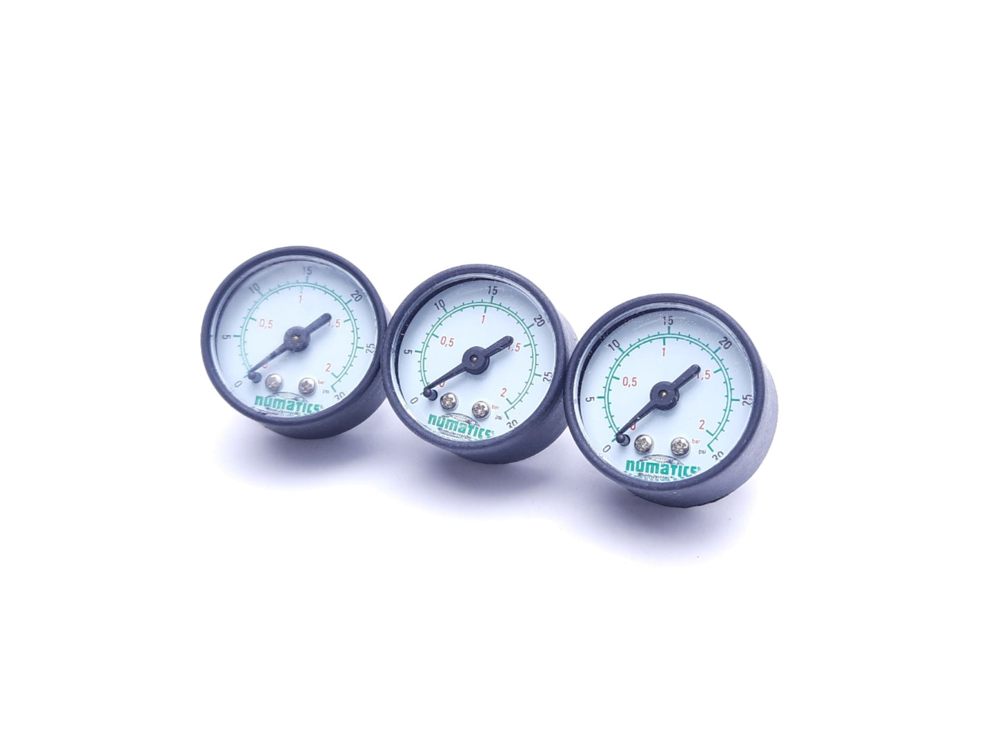 Used Lot of 3 Numatics 214-202 Pressure Gauges, 0-30 PSI, 1/8" NPT, 1.5" Diameter