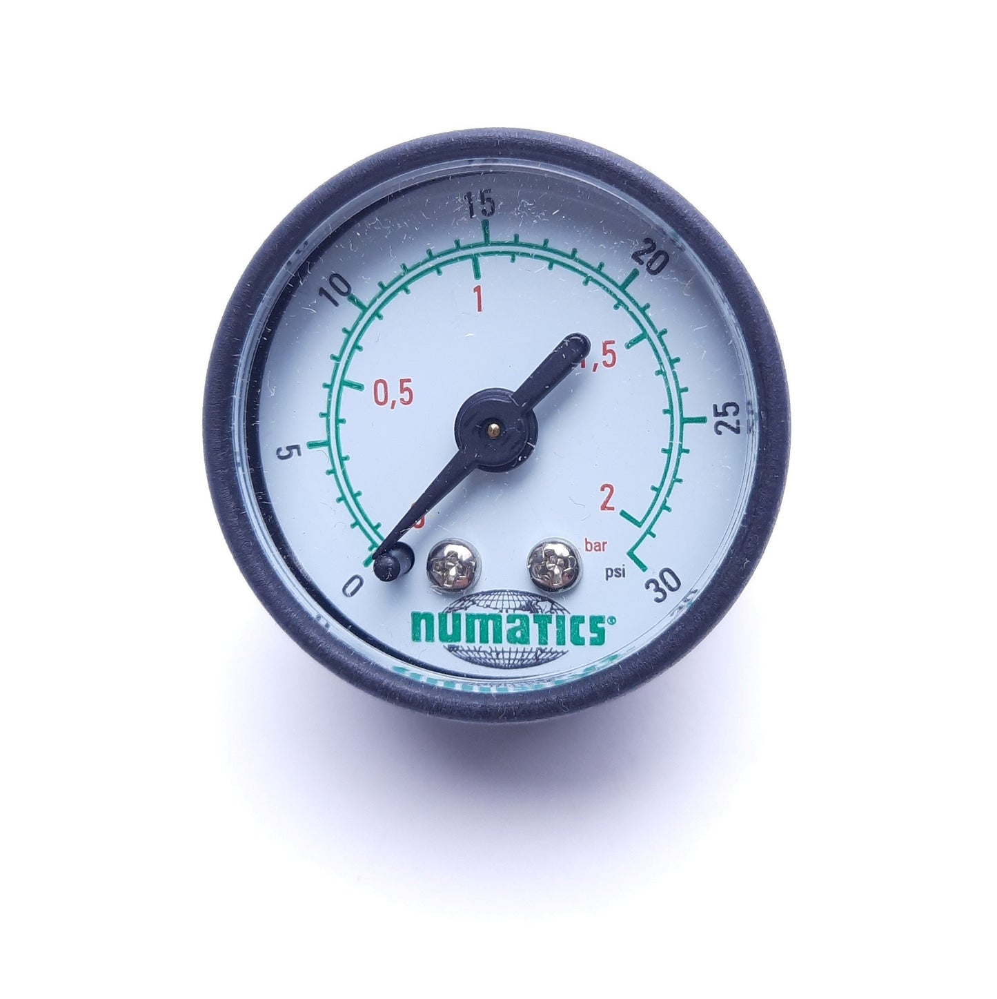 Used Lot of 3 Numatics 214-202 Pressure Gauges, 0-30 PSI, 1/8" NPT, 1.5" Diameter