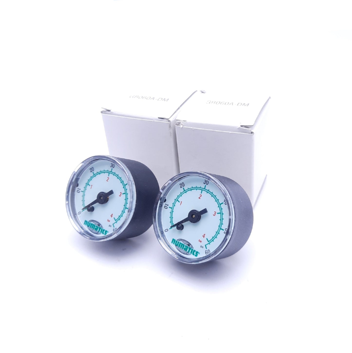 New – Open box Lot of 2 Numatics GB060A-DM Pressure Gauges, 0-60 PSI, 1/4" NPT, With Box