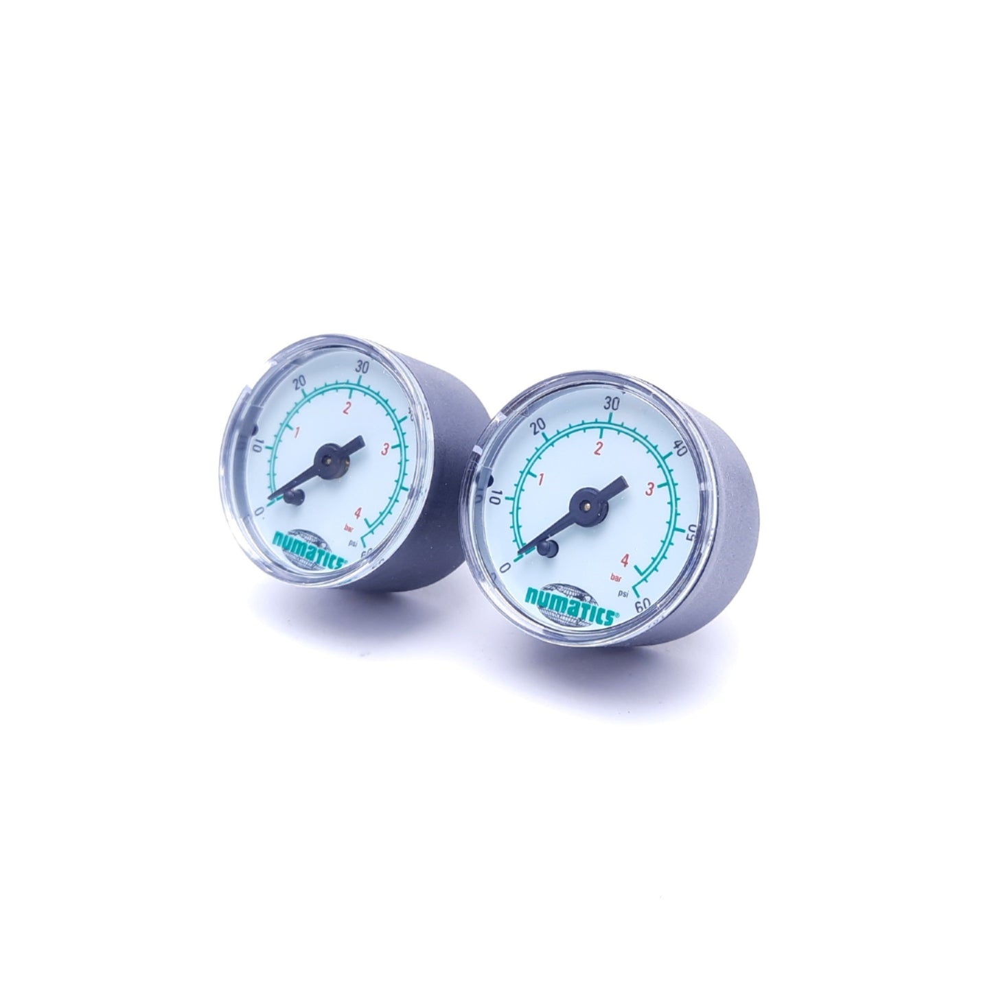 New – Open box Lot of 2 Numatics GB060A-DM Pressure Gauges, 0-60 PSI, 1/4" NPT, With Box