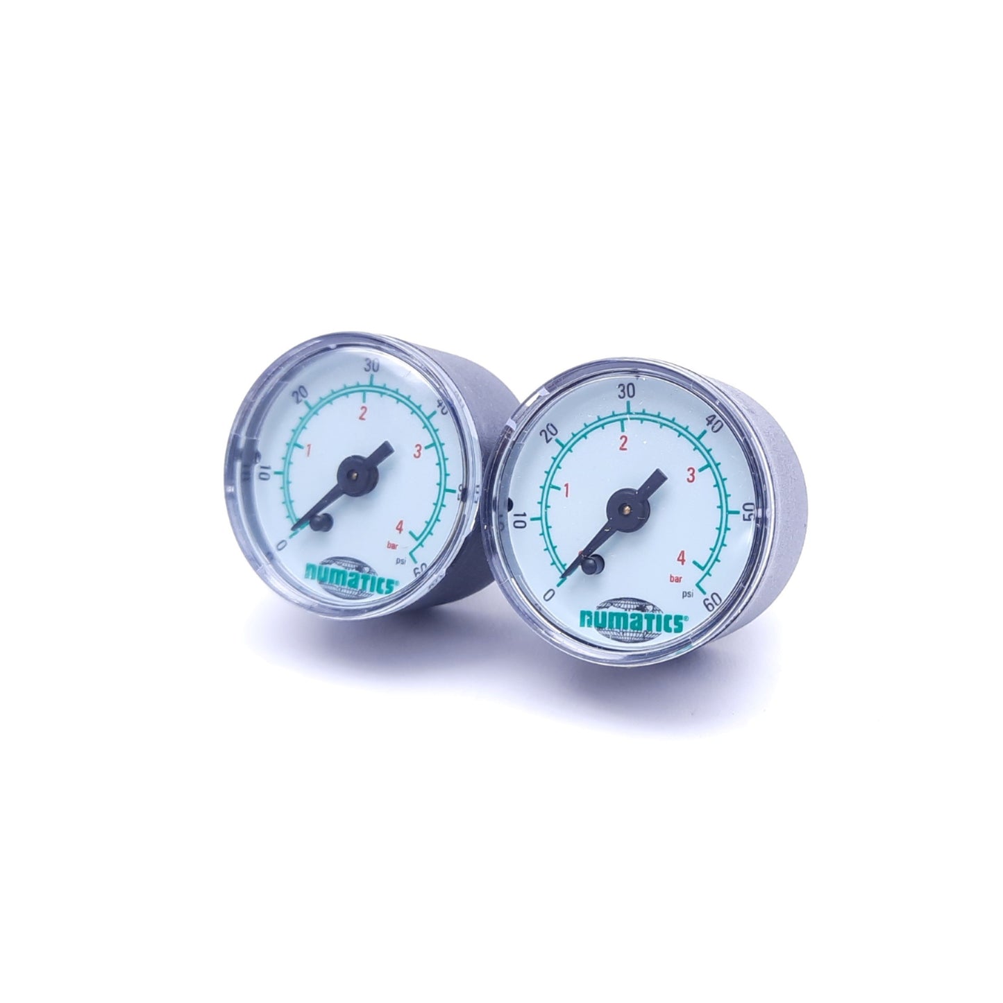 Used Lot of 2 Numatics GB060A-DM Pressure Gauges, 0-60 PSI, 1/4" NPT, 1.5" Diameter