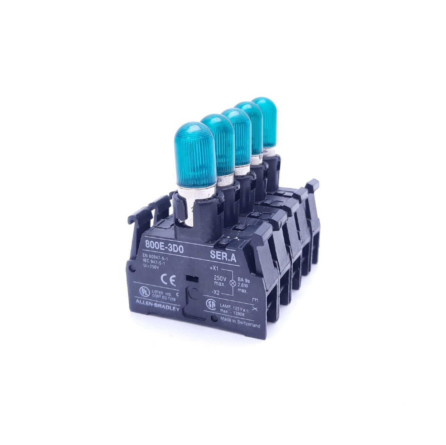 Used Lot of 5 Allen-Bradley 800E-3D0 Series A Light Module Contact Blocks, Green LED