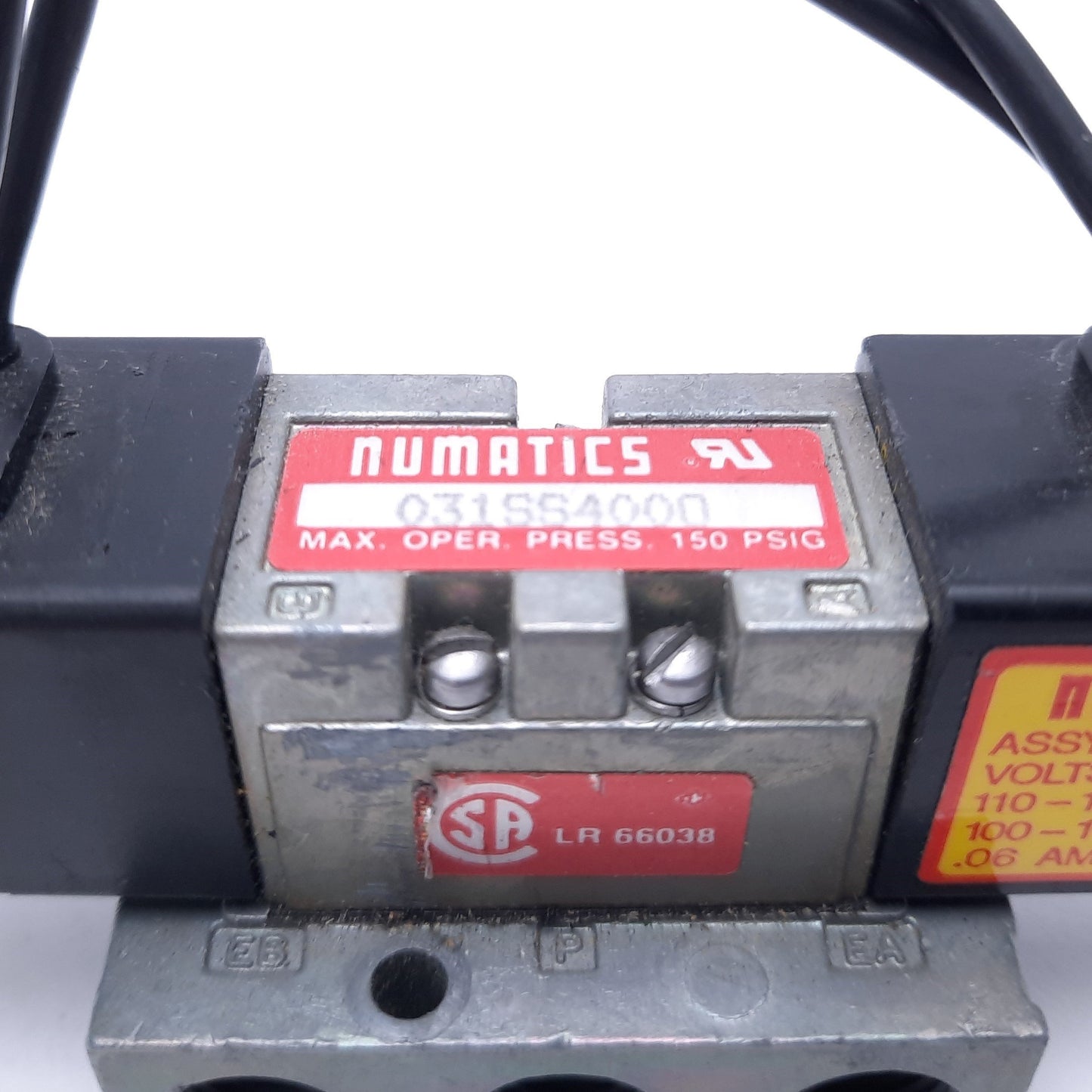 Used Numatics 031SS4000 150 PSIG Solenoid Valve With (2) 237-261B 120 VAC Solenoids