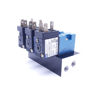 Used Bank Of (3) Mac 45A-L00-DDAJ-1JM Solenoid Valves, 4 Port Manifold, 24VDC, 120PSI