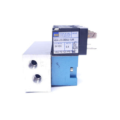 Used Bank Of (3) Mac 45A-L00-DDAJ-1JM Solenoid Valves, 4 Port Manifold, 24VDC, 120PSI