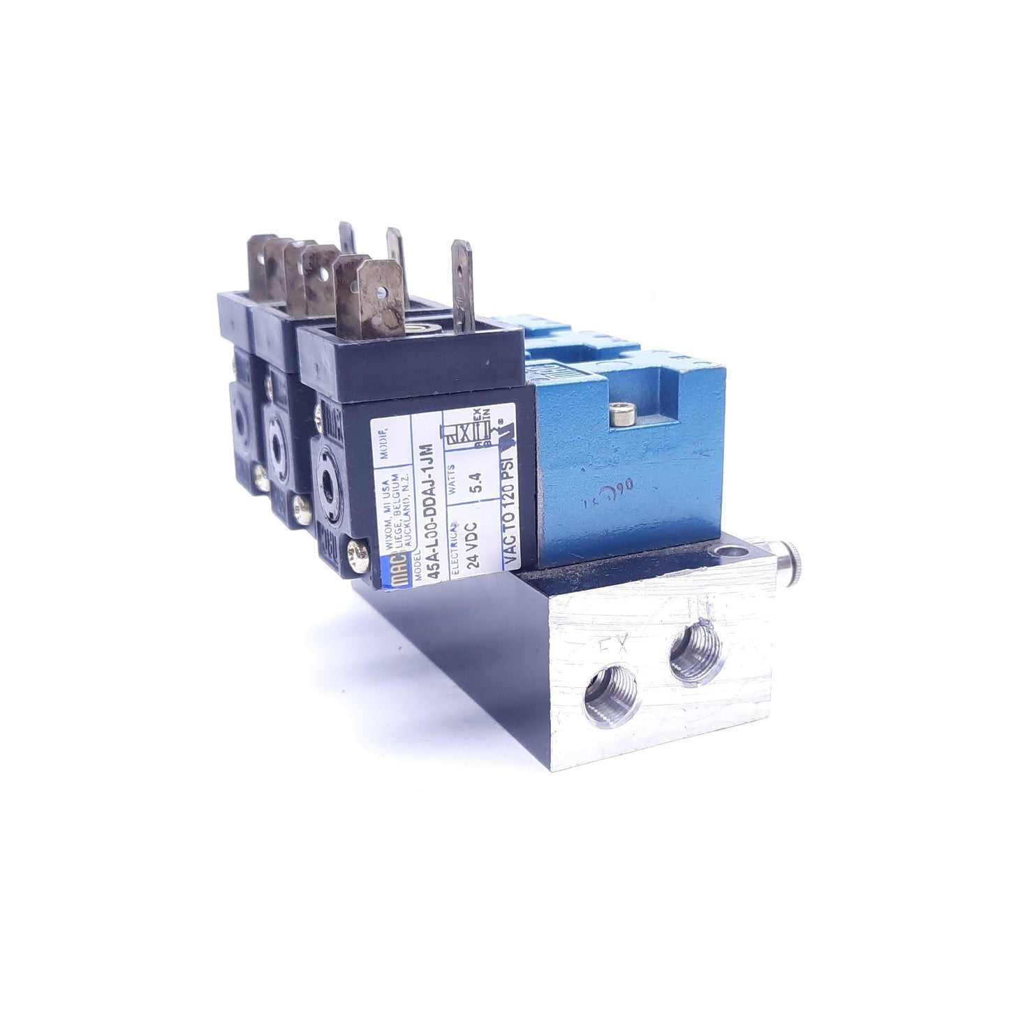 Used Bank of 3 MAC 45A-L00-DDAJ-1JM Solenoid Valves With Manifold, 24 VDC, 120 PSI