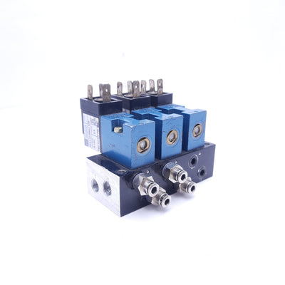 Used Bank of 3 MAC 45A-L00-DDAJ-1JM Solenoid Valves With Manifold, 24 VDC, 120 PSI
