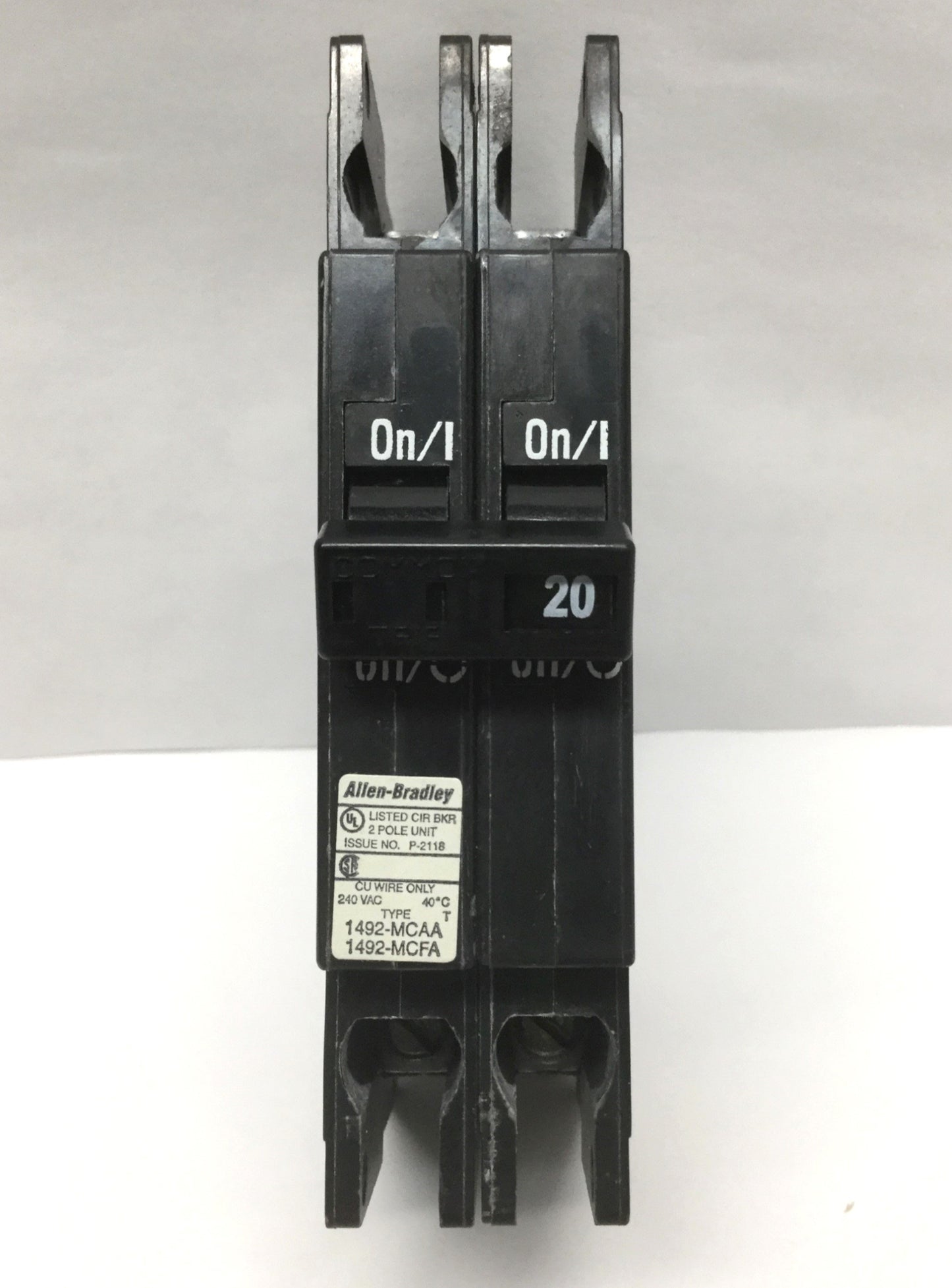 Used Allen Bradley 1492-MCAA2H20 Branch Circuit Breaker, 2-Pole, 20A 240VAC, DIN Rail