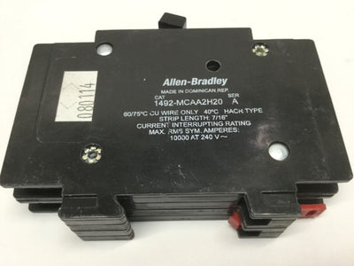 Used Allen Bradley 1492-MCAA2H20 Branch Circuit Breaker, 2-Pole, 20A 240VAC, DIN Rail