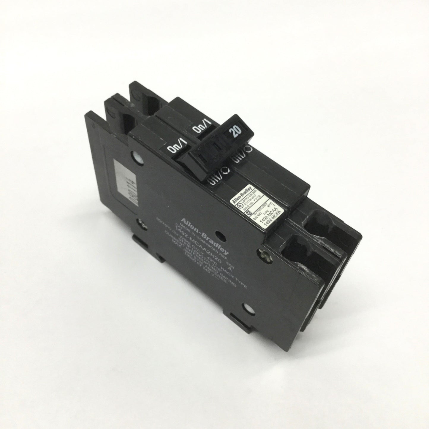 Used Allen Bradley 1492-MCAA2H20 Branch Circuit Breaker, 2-Pole, 20A 240VAC, DIN Rail
