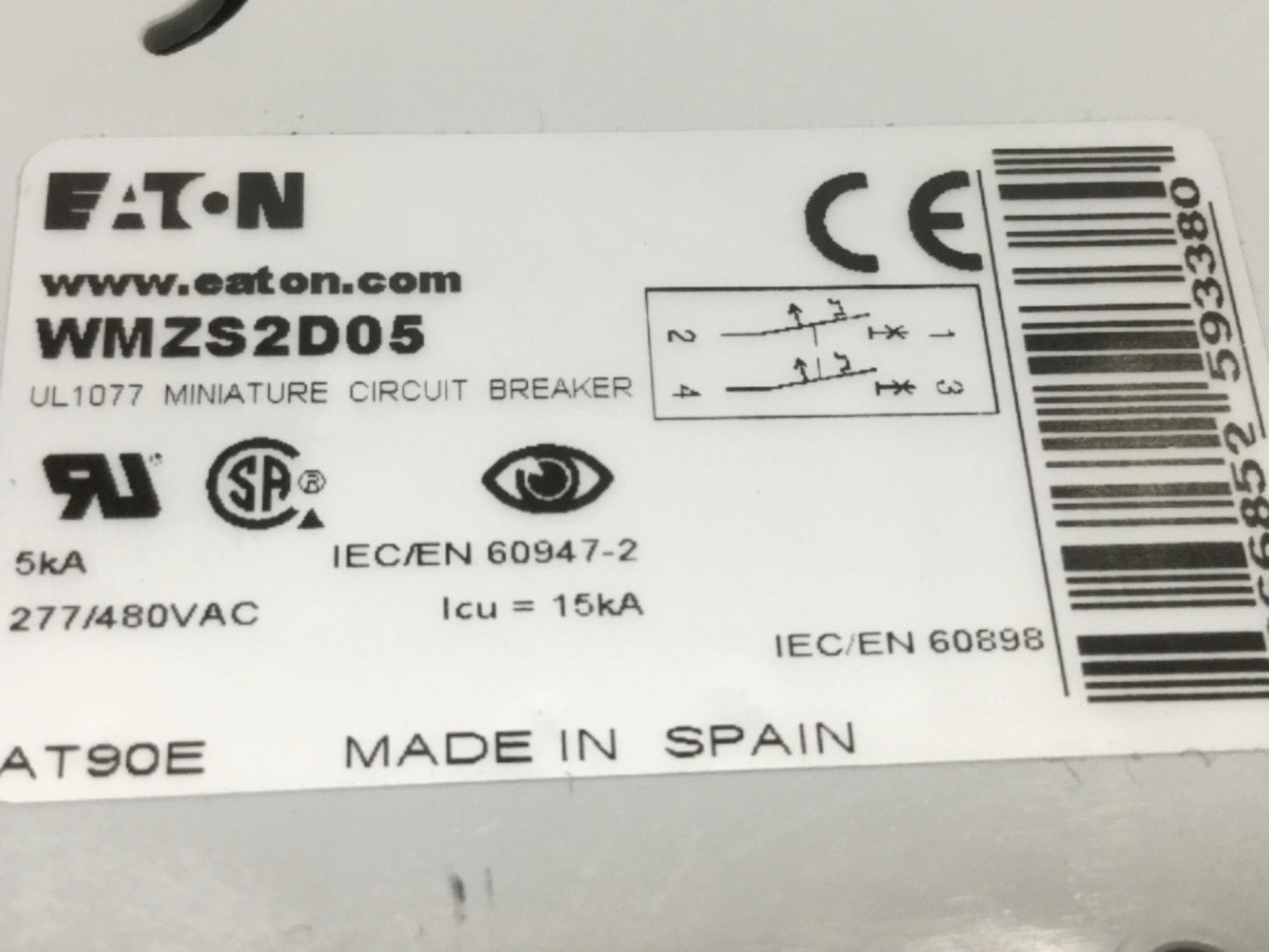 Used Lot of 2 Eaton WMZS2D05 Miniature Circuit Breaker 2-Pole, 5A, 277/480VAC D Curve