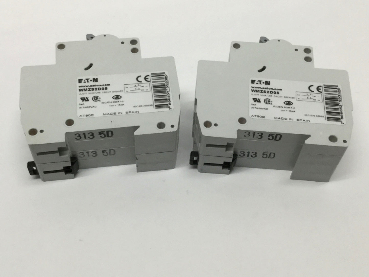 Used Lot of 2 Eaton WMZS2D05 Miniature Circuit Breaker 2-Pole, 5A, 277/480VAC D Curve