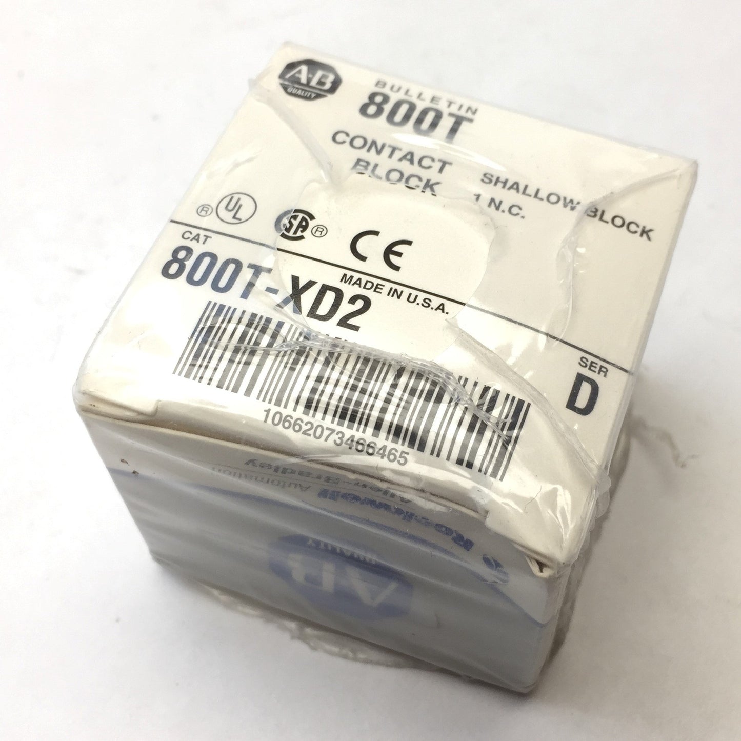 New – Open box Allen Bradley 800T-XD2 Series D Contact Shallow Block, Normally Closed, 1-NC