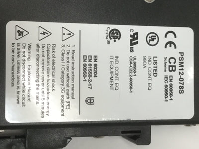 Used Rhino PSM12-078S (78W) Industrial Power Supply, 100-240VAC In, 12VDC 6.5A Out