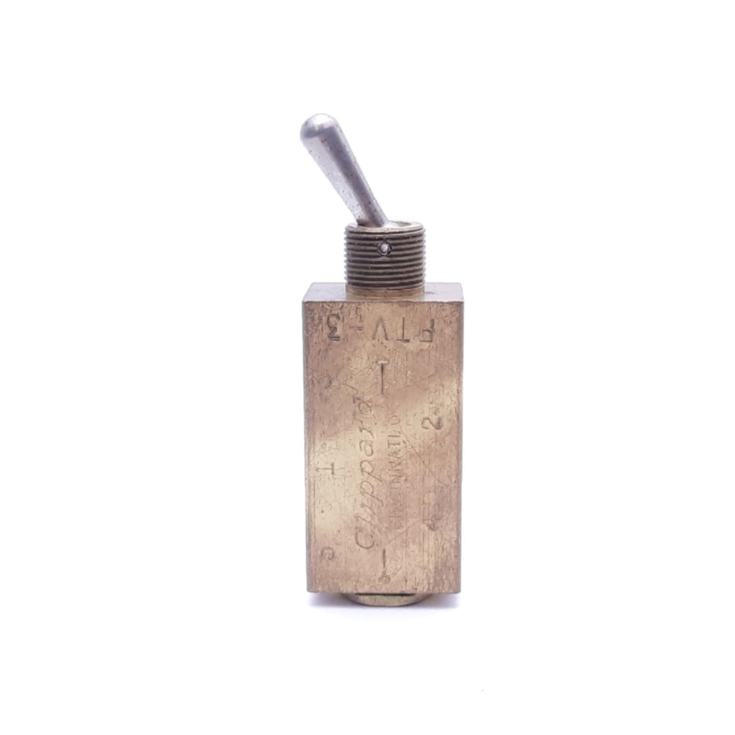 Used Clippard FTV-3 Three-Way 5 Port Toggle Valve, #10-32 Thread, 150 PSIG, 295 Lpm